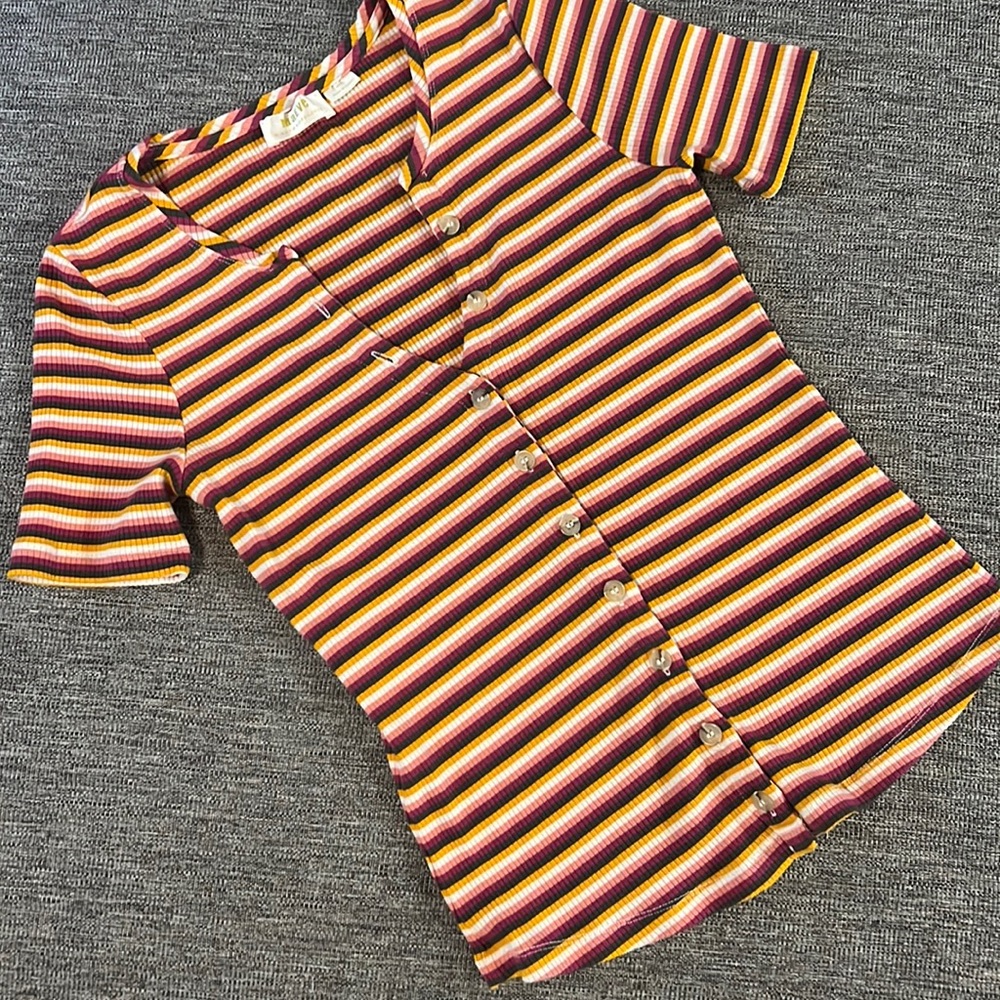 Anthropologie Maeve Sz S Striped Short Sleeve Fitted V-neck Button Front Top